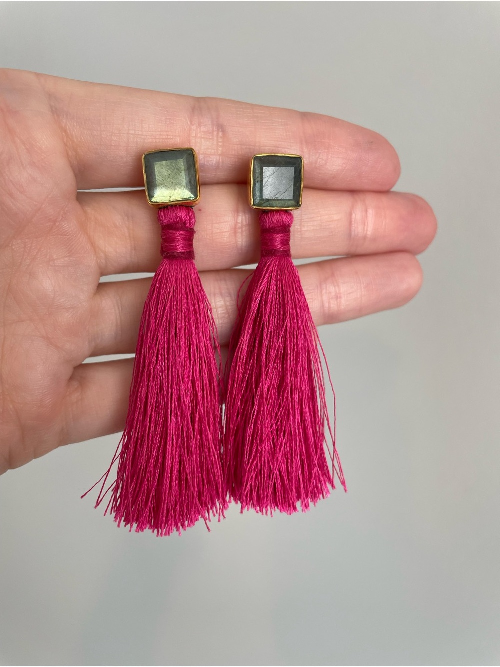 Vineyard Vines Pink Tassel Drop Earrings with Iridescent Stone Stud
